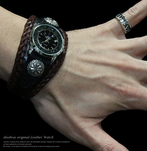 画像2: 【diosbras-ディオブラス-】本革サドルレザー バイカーズ ブレス バイカー ウォッチ  コンチョ レザーウォッチ 牛革腕時計 Mサイズ 黒 茶【SA】 (2)