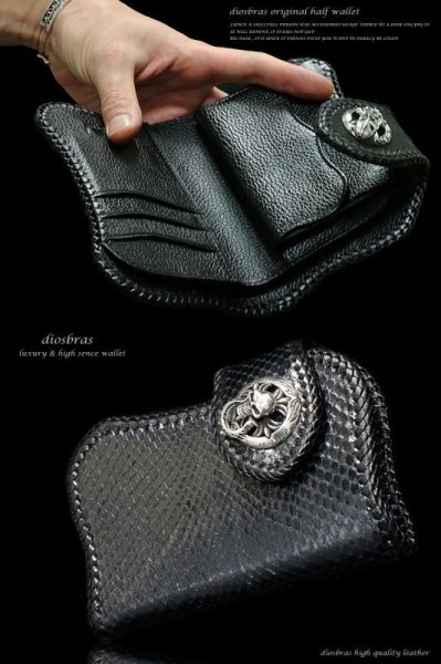 画像4: 【diosbras-ディオブラス-】パイソン革 ヘビ革 ブラック 黒 蛇革 ハーフウォレット  短財布 バイカーズ  財布 レザーウォレット ウォレット バイカー ヌメ革  ショートウォレット シルバー925 /牛革 (4)