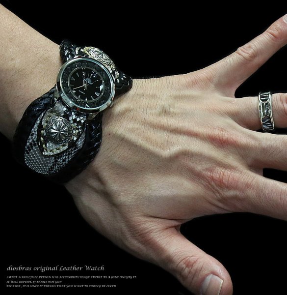 画像2: 【diosbras-ディオブラス-】本革パイソン&サドルレザーコンビネーションバイカーズワイルドターコイズウォッチ バイカーズ 時計インディアン ダイヤモンドパイソン 【PY】 (2)