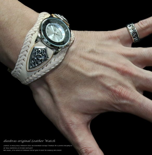 画像2: 【diosbras-ディオブラス-】本革サドルレザー　カスタムウォッチ　レザーウォッチ ターコイズ　 コンチョ　腕時計　シルバー９２５　ヌメ革　バイカー　牛革時計　インディアン　バッファロー　フェザー　ナチュラル　ヌメ革【SA】 (2)