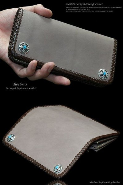 画像2: 【diosbras-ディオブラス-】本革サドルレザーバイカーズウォレット/【ブラウン/茶】牛革財布 コンチョ 本革ナチュラルサドルレザー 財布 シルバー925【SA】 (2)