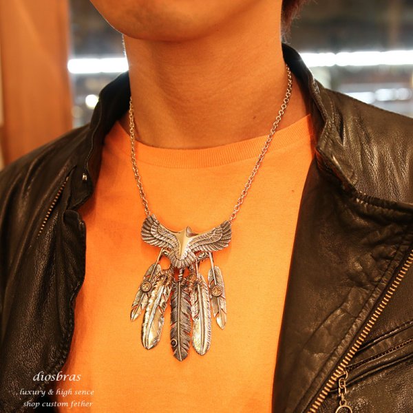 画像5: 【diosbras-ディオブラス】フェザー ネックレス メンズ ネイティブ イーグル&フェザー ブラックスター サファイヤ クロウ 爪 ビーズ ネックレス ホワイトハーツ オールドビーズ 赤 (5)