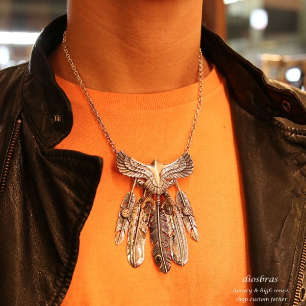 画像4: 【diosbras-ディオブラス】フェザー ネックレス メンズ ネイティブ イーグル&フェザー ブラックスター サファイヤ クロウ 爪 ビーズ ネックレス ホワイトハーツ オールドビーズ 赤 (4)