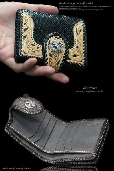 画像3: 【diosbras-ディオブラス-】透かし彫り カービング INブラックパイソン 黒蛇革 ハーフウォレット サドルレザー バイカーズ ショートウォレット ウォレット シルバー レザーウォレット コンチョ 短財布 財布蛇革 ヘビ革【CPA】【PY】 (3)