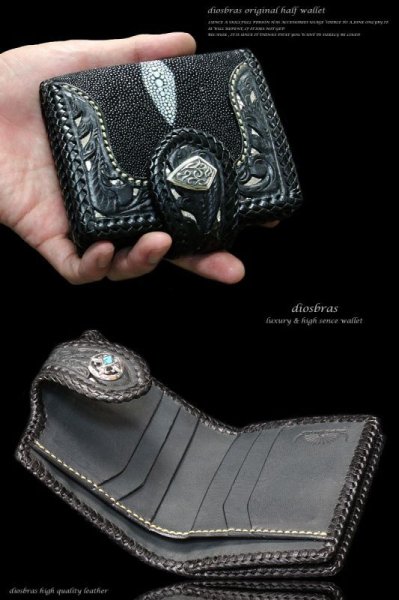 画像3: 【diosbras-ディオブラス-】透かし彫り カービング INパイソン&スティングレイ(エイ革) ハーフウォレット サドルレザー バイカーズ ショートウォレット ウォレット シルバー レザーウォレット コンチョ 短財布 財布蛇革 ヘビ革【CPA】【EI】 (3)