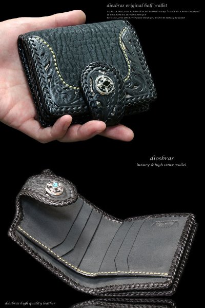 画像3: 【diosbras-ディオブラス-】透かし彫り カービング INパイソン&シャークスキン(サメ革) ハーフウォレット サドルレザー バイカーズ ショートウォレット ウォレット シルバー レザーウォレット コンチョ 短財布 財布蛇革 ヘビ革【CPA】【SS】 (3)