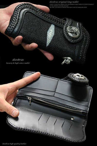 画像2: 【diosbras-ディオブラス-】本革サドルレザーバイカーズウォレット 財布 スティングレイ エイ革 スティングレー  レザーウォレット ロングウォレット クロス メッシュ バイカー ヌメ革 長財布 /牛革財布シルバー925コンチョ/長財布【EI】 (2)
