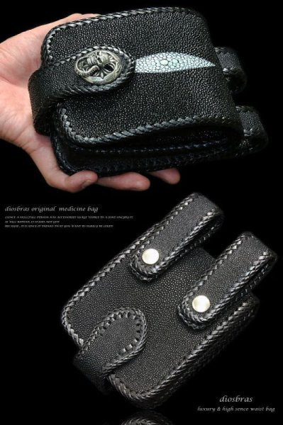 画像4: 【diosbras-ディオブラス-】メディスンバッグ 本革 スティングレイ エイ革 サドルレザー メディスンバック /バイカーズ/牛革/ウェストバック/シルバー９２５/コンチョ/スティングレイ ガルーシャ (4)