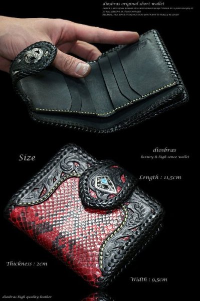 画像4: 【diosbras-ディオブラス-】透かし彫り カービング ＩＮレッドパイソン　赤蛇革　ハーフウォレット サドルレザー バイカーズ ショートウォレット ウォレット　シルバー レザーウォレット コンチョ 短財布 財布蛇革　ヘビ革【CPA】【PY】 (4)