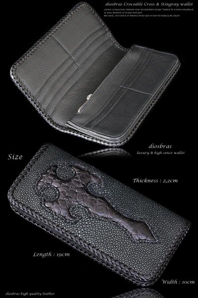 画像4: 【diosbras-ディオブラス-】本革カットスティングレイ スティングレー クロス エイ革 クロコダイル 鰐革 ワニ バイカーズウォレット 財布 レザーウォレット ロングウォレット ウォレット バイカー  長財布 /牛革財布 シルバー925コンチョ/長財布 (4)