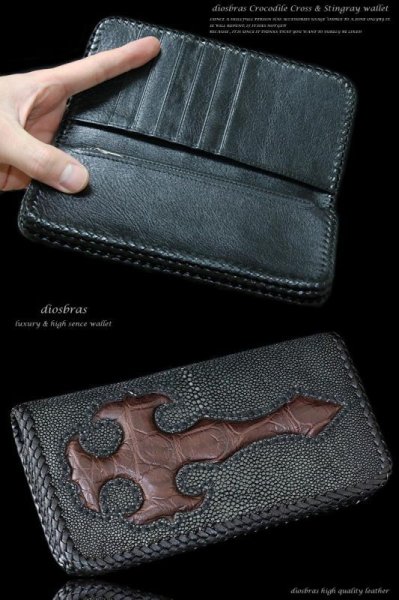 画像3: 【diosbras-ディオブラス-】本革カットスティングレイ スティングレー クロス エイ革 クロコダイル 鰐革 ワニ バイカーズウォレット 財布 レザーウォレット ロングウォレット ウォレット バイカー  長財布 /牛革財布 シルバー925コンチョ/長財布 (3)
