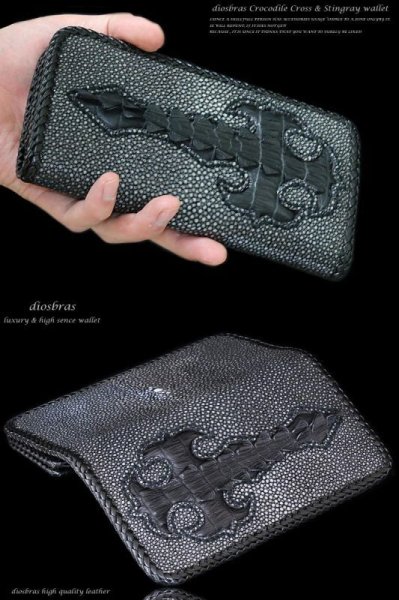 画像2: 【diosbras-ディオブラス-】本革カットスティングレイ スティングレー クロス エイ革 クロコダイル 鰐革 ワニ バイカーズウォレット 財布 レザーウォレット ロングウォレット ウォレット バイカー  長財布 /牛革財布 シルバー925コンチョ/長財布 (2)