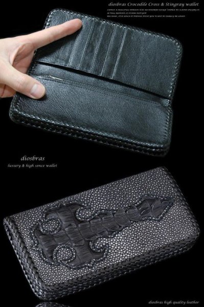 画像3: 【diosbras-ディオブラス-】本革カットスティングレイ スティングレー クロス エイ革 クロコダイル 鰐革 ワニ バイカーズウォレット 財布 レザーウォレット ロングウォレット ウォレット バイカー  長財布 /牛革財布 シルバー925コンチョ/長財布 (3)