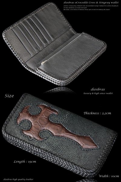 画像4: 【diosbras-ディオブラス-】本革カットスティングレイ スティングレー クロス エイ革 クロコダイル 鰐革 ワニ バイカーズウォレット 財布 レザーウォレット ロングウォレット ウォレット バイカー  長財布 /牛革財布 シルバー925コンチョ/長財布 (4)
