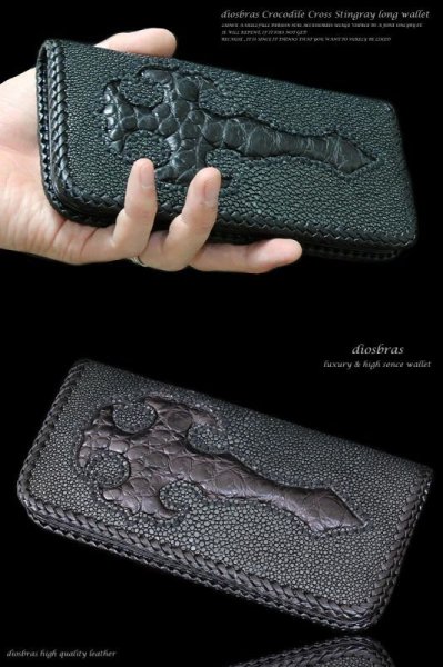 画像2: 【diosbras-ディオブラス-】本革カットスティングレイ スティングレー クロス エイ革 クロコダイル 鰐革 ワニ バイカーズウォレット 財布 レザーウォレット ロングウォレット ウォレット バイカー  長財布 /牛革財布 シルバー925コンチョ/長財布 (2)