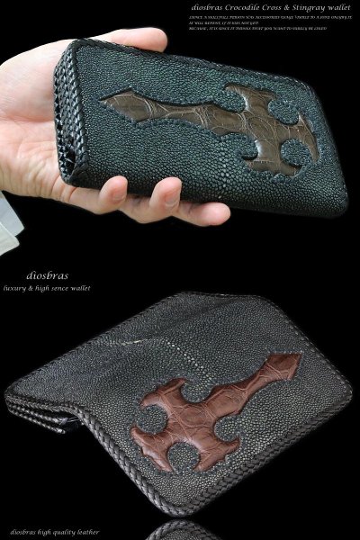 画像2: 【diosbras-ディオブラス-】本革カットスティングレイ スティングレー クロス エイ革 クロコダイル 鰐革 ワニ バイカーズウォレット 財布 レザーウォレット ロングウォレット ウォレット バイカー  長財布 /牛革財布 シルバー925コンチョ/長財布 (2)