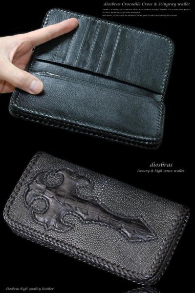 画像3: 【diosbras-ディオブラス-】本革カットスティングレイ スティングレー クロス エイ革 クロコダイル 鰐革 ワニ バイカーズウォレット 財布 レザーウォレット ロングウォレット ウォレット バイカー  長財布 /牛革財布 シルバー925コンチョ/長財布 (3)