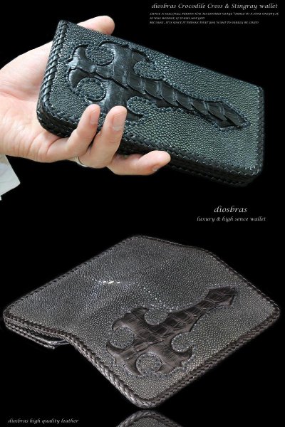 画像2: 【diosbras-ディオブラス-】本革カットスティングレイ スティングレー クロス エイ革 クロコダイル 鰐革 ワニ バイカーズウォレット 財布 レザーウォレット ロングウォレット ウォレット バイカー  長財布 /牛革財布 シルバー925コンチョ/長財布 (2)
