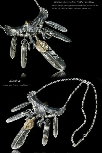 画像2: 【diosbras-ディオブラス】フェザー ネックレス メンズ ネイティブ イーグル＆フェザーコンビネーションネックレス シルバー９２５　イーグル　チョーカー　チェーン (2)