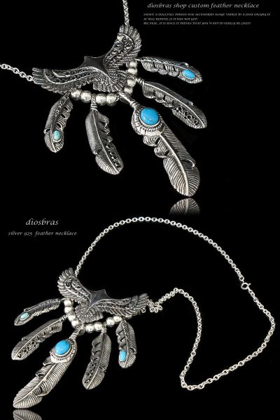 画像2: 【diosbras-ディオブラス】フェザー ネックレス メンズ ネイティブ 羽 イーグル アラベスクカスタム 透かし彫り ターコイズ オニキス コンビネーション フェザーネックレスシルバー925チェーン (2)