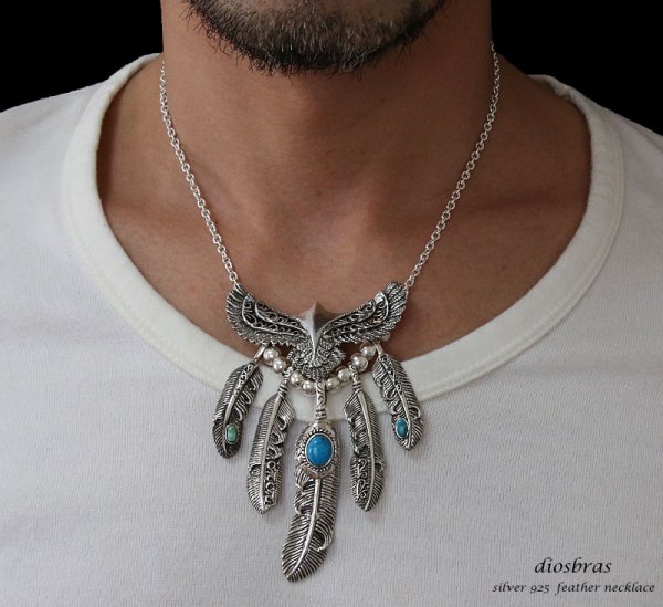 画像4: 【diosbras-ディオブラス】フェザー ネックレス メンズ ネイティブ 羽 イーグル アラベスクカスタム 透かし彫り ターコイズ オニキス コンビネーション フェザーネックレスシルバー925チェーン (4)
