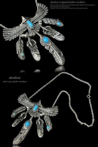 画像2: 【diosbras-ディオブラス】 フェザー ネックレス メンズ ネイティブ 羽 イーグル アラベスクカスタム 透かし彫り ターコイズ オニキス コンビネーション フェザーネックレスシルバー925チェーン (2)