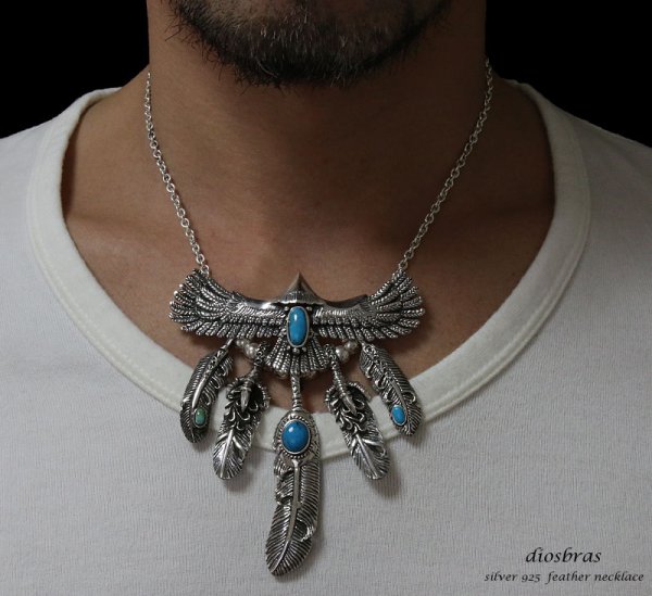 画像4: 【diosbras-ディオブラス】 フェザー ネックレス メンズ ネイティブ 羽 イーグル アラベスクカスタム 透かし彫り ターコイズ オニキス コンビネーション フェザーネックレスシルバー925チェーン (4)