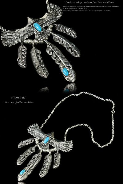 画像2: 【diosbras-ディオブラス】 フェザー ネックレス メンズ ネイティブ 羽 イーグル アラベスクカスタム 透かし彫り ターコイズ オニキス コンビネーション フェザーネックレスシルバー925チェーン (2)