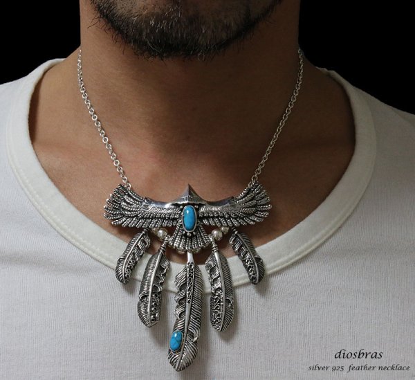 画像4: 【diosbras-ディオブラス】 フェザー ネックレス メンズ ネイティブ 羽 イーグル アラベスクカスタム 透かし彫り ターコイズ オニキス コンビネーション フェザーネックレスシルバー925チェーン (4)