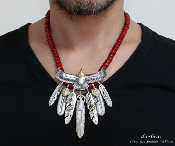 画像3: 【diosbras-ディオブラス】フェザー ネックレス メンズ ネイティブ イーグル&フェザー クロウ 爪 ビーズ ネックレス ホワイトハーツ オールドビーズ 赤 (3)