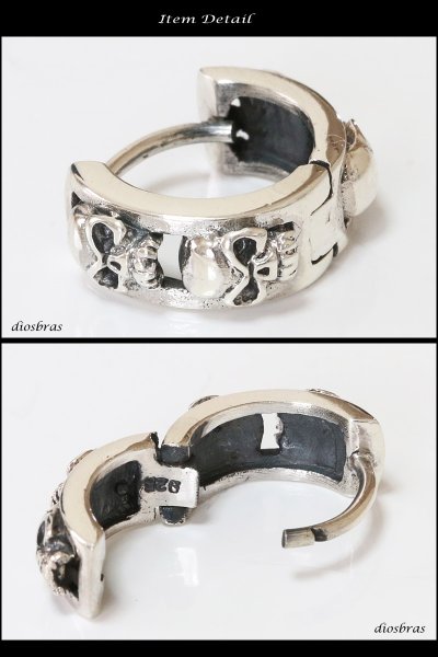 画像2: スカル リング フープ 中折れ式 シルバー925 ピアス メンズ レディース 激安ピアス イヤリング アクセサリー【骸骨フープ】本物シルバー925◇スカルヘッド◇フープピアス◇片方ピアス メンズ レディース (2)