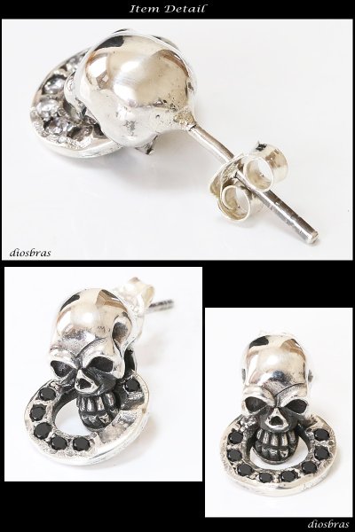 画像2: スカル ジルコニア　リング　シルバー９２５　ピアス メンズ レディース 激安ピアス イヤリング アクセサリー【スカルフープ】本物シルバー９２５◇スカルヘッド　◇片方ピアス メンズ レディース (2)