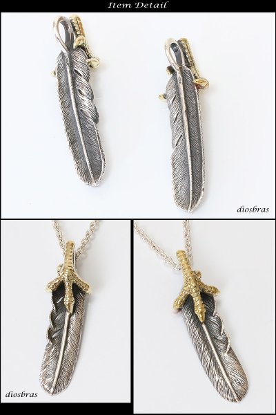 画像2: シルバー925【フェザー トップ】クロウ 爪 フェザーネックレス ハンドメイドネックレス/インディアンジュエリー・ネイティブ/シルバー925ペンダント/フェザー イーグル  パーツ メンズ レディース ゴールド 真鍮 (2)