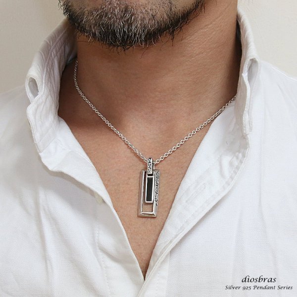 画像3: 【インレイ ペンダント トップ】美しいインレイワークのペンダント オニキスをはめ込んだスクエアペンダント アラベスク プレート 2連 ネイティブアメリカン インディアンジュエリー/シルバー925/ ネックレス メンズ レディース (3)