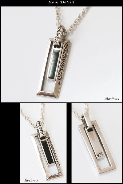 画像2: 【インレイ ペンダント トップ】美しいインレイワークのペンダント オニキスをはめ込んだスクエアペンダント アラベスク プレート 2連 ネイティブアメリカン インディアンジュエリー/シルバー925/ ネックレス メンズ レディース (2)