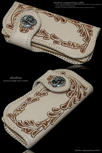 画像6: メンズ長財布 バイカーズウォレット レザーウォレット 本革 サドルレザー アラベスク カービング メンズ長財布 大容量 長財布 レザーウォレット シルバー925コンチョ 革財布 皮財布 ロングウォレット ライダースウォレット 天然皮革 プレゼント お財布 ヌメ革 ナチュラル (6)