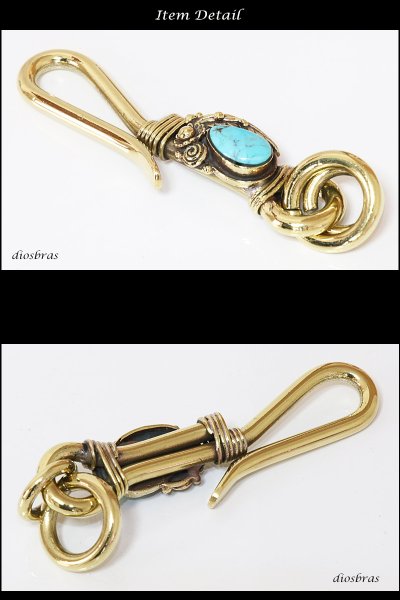 画像2: フェザー　ターコイズ　インレイ　キーホルダー キーフック　キーチェーン シルバー　silver　ゴールド　真鍮　ＢＲＡＳＳ　ブラス　釣り針フック ウォレット　財布　バイカー　ライダース　ウォレットチェーン【diosbras-ディオブラス-】【メール便送料無料】 (2)