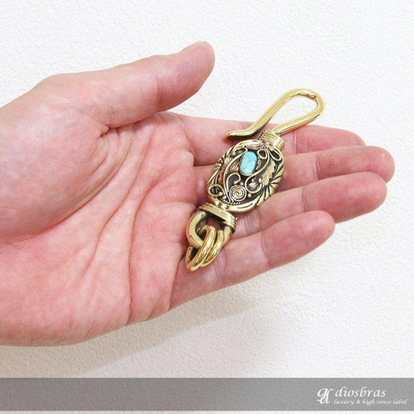 画像2: フェザー　ターコイズ　インレイ　キーホルダー キーフック　キーチェーン シルバー　silver　ゴールド　真鍮　ＢＲＡＳＳ　ブラス　釣り針フック ウォレット　財布　バイカー　ライダース　ウォレットチェーン【diosbras-ディオブラス-】【メール便送料無料】 (2)