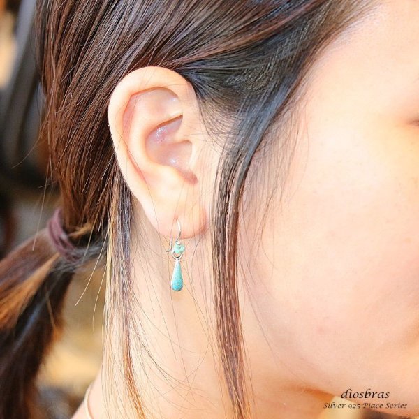 画像3: 【ターコイズ ピアス】本物シルバー925/ ドロップ ピアス 片方 パワーストーン/ピアス・両耳販売ピアス メンズ レディース しずく 雫型 流線形 カット リング フープインディアンジュエリー インレイ ズニ≪メール便なら送料無料≫ (3)