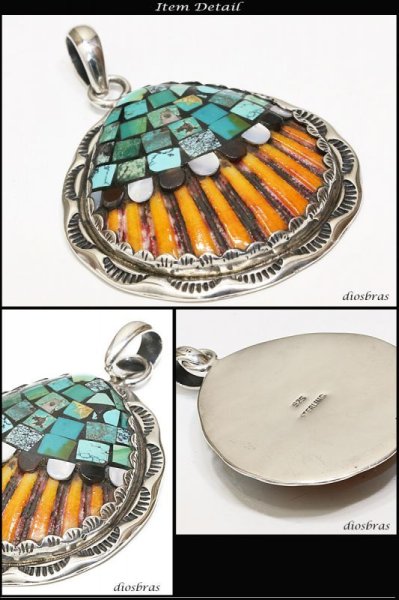 画像2: 【インレイ ペンダント トップ】美しいインレイワークのペンダント オニキス パウアシェル ターコイズ 赤珊瑚等をはめ込んだスクエアペンダント 天然ターコイズ/ネイティブアメリカン インディアンジュエリー/シルバー925/ ネックレス メンズ レディース (2)