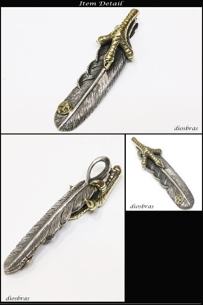 画像2: シルバー925【フェザー トップ】イーグル クロウ 爪 フェザーネックレス ハンドメイドネックレス/インディアンジュエリー・ネイティブ/シルバー925ペンダント/フェザー イーグル  パーツ メンズ レディース ゴールド 真鍮【メール便なら送料無料】 (2)