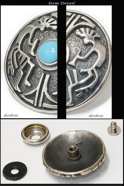 画像2: コンチョ コンチョ ナバホ　ターコイズ　タイガーアイ　ホワイトターコイズ 太陽神 ココペリ　サンマーク　ココペリ　インディアン　ネイティブアメリカン　ホピコンチョ　シルバー９２５コンチョ　財布　ウォレット　メンズ　（ネジ式）【メール便なら送料無料！！】 (2)
