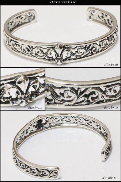 画像2: 【シルバーバングル】【シルバーアクセサリー】百合の紋章　ユリ　リリー　ジルコニア　アラベスク　シルバーアクセサリー メンズ シルバーバングル ブレスレット シルバー925 メンズアクセサリー ネイティブアメリカン　インディアンジュエリー　プレゼントに人気 (2)