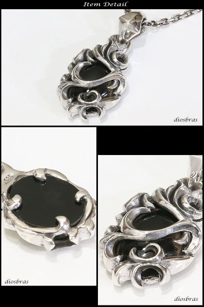 画像2: 【オーバル オニキス ペンダント トップ】存在感のある透かし彫り オニキスペンダント アラベスク 唐草 ゴシック シルバー925/フェザーネックレス ネックレス メンズ レディース (2)