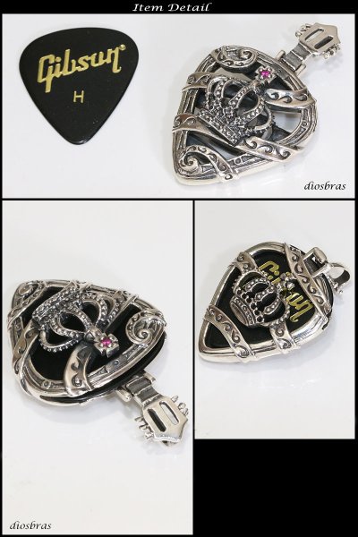 画像2: シルバー925 ピッグケース ピック クラウン 王冠 アラベスク ジルコニア ピックケースペンダント/シルバー925/silver/ギター/バンド/ピック/スカル/スカルボーン/髑髏/メンズアクセサリー/≪送料無料!!≫ (2)