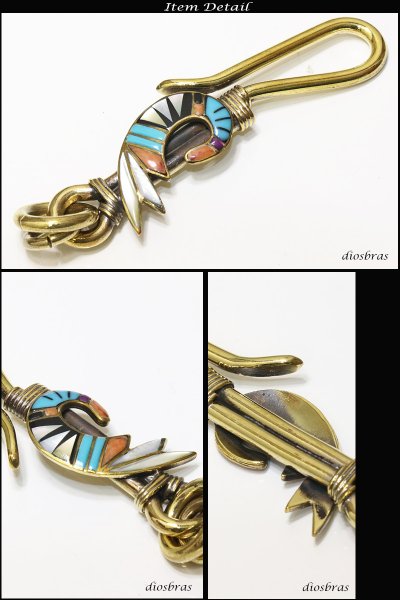 画像2: キーホルダー キーフック インレイ キーチェーン ターコイズ シルバー ナバホ インディアンジュエリー ネイティブアメリカン silver  真鍮 BRASS ブラス 釣り針フック ウォレット 財布 バイカー ライダース ウォレットチェーン【メール便送料無料】 (2)