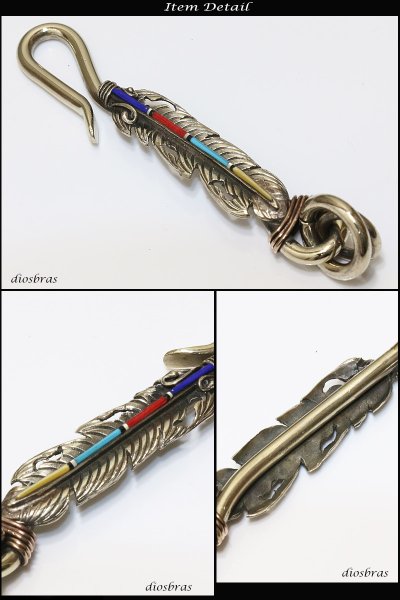 画像2: キーホルダー キーフック フェザー ターコイズ 赤珊瑚 シェル キーチェーン シルバー silver 真鍮 インディアン ネイティブアメリカン ブラス 釣り針フック ウォレット 財布 バイカー ライダース ウォレットチェーン【メール便送料無料】 (2)