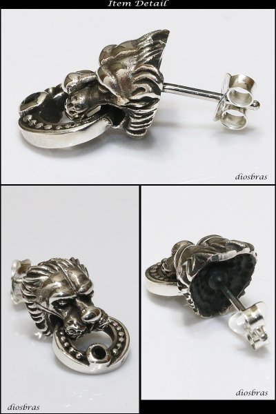 画像2: ライオン ヘッド ブラックジルコニア リング シルバー925 ピアス メンズ レディース 激安ピアス イヤリング アクセサリー スカル【骸骨】本物シルバー925◇ライオンヘッド◇ピアス◇片方ピアス メンズ レディース (2)