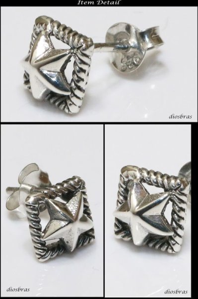 画像2: ピアス 星 ラッキー スター スクエアロープ シルバーアクセサリー シルバーピアス 本物シルバー925/ ピアス 丸 片方 /ピアス片耳・片方販売ピアス メンズ レディース (2)