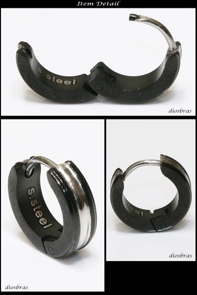 画像2: ステンレス フープピアス シルバー 金属アレルギー対応 メタル素材 シンプル 小さめ フープ ループ リング 輪っか ピアス ブラックライン メンズ アクセサリー レディース 中折れ式 13mm (2)